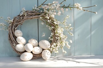 Easter wreath with white eggs and spring blossoms, rustic holiday concept for door decor and seasonal styling. Perfect for home interiors, retail displays, farmhouse decor and spring celebration venue