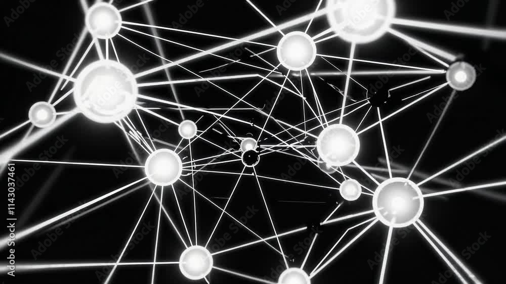 Poster exploring the intricate connections within a network of glowing nodes and lines in a dark environmen