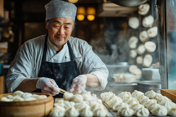 Master chef skillfully preparing traditional dumplings in a bustling kitchen. Generative AI