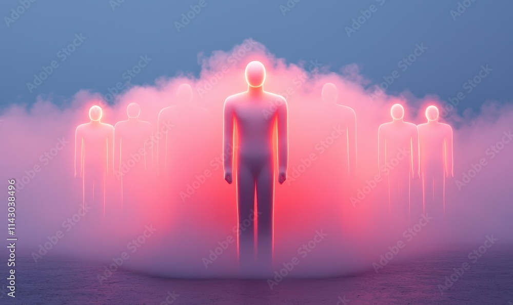 Poster ethereal figures stand amidst a glowing mist, creating a surreal and captivating atmosphere.