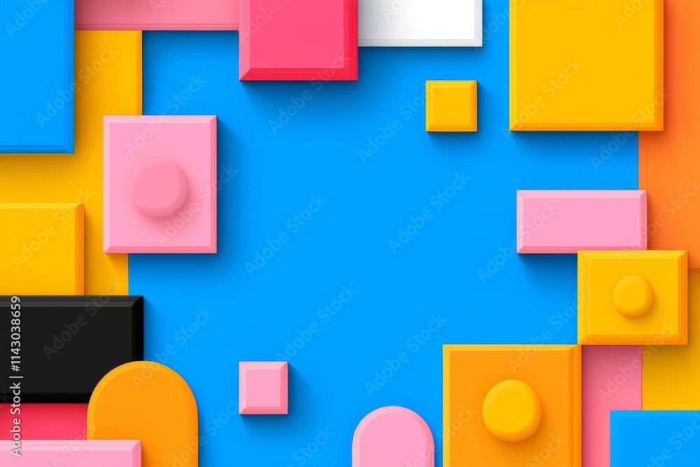 Poster bold geometric color blocks arranged isometrically with sharp edges on a seamless white background.