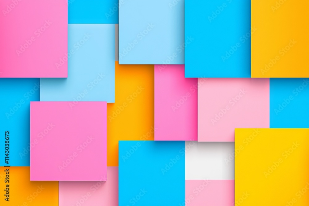 Poster isometric geometric blocks with sharp edges and bold hues set against a seamless white background.