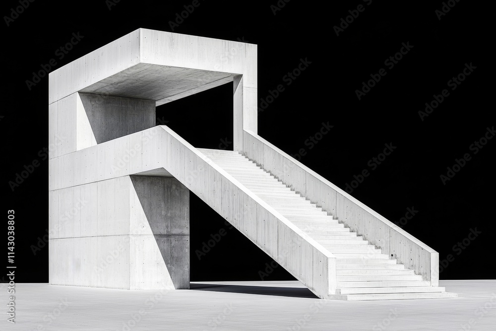 Poster a black and white image with strong contrast, capturing a brutalist structure with abstract architec