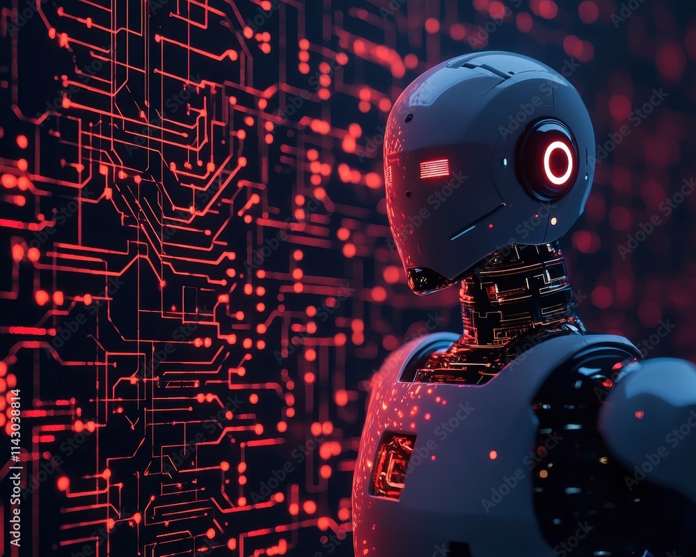 Poster a futuristic robot stands against a backdrop of intricate red circuitry, blending technology and inn