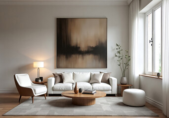 Modern Living Room with Abstract Art. The serene space is bathed in natural light, creating a cozy and inviting atmosphere.