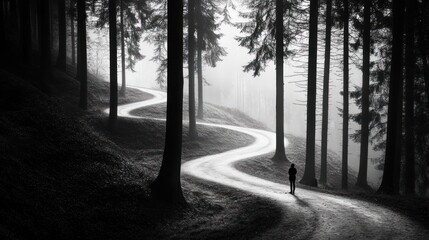 Naklejka premium Solitary figure walking winding path through misty forest.