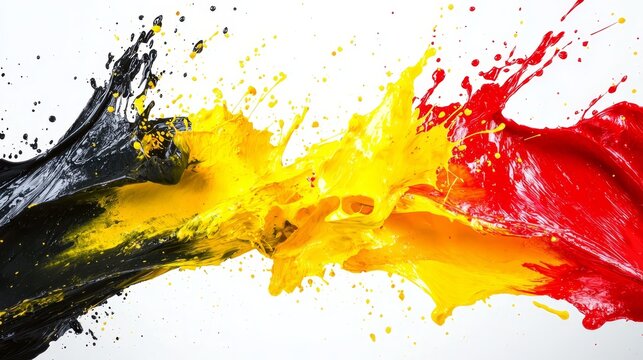 A red, yellow and black paint splatter on a white background