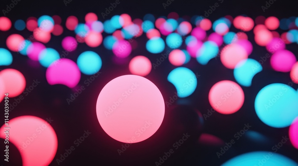 Poster a vibrant array of glowing spheres in pink and blue hues, set against a dark background, creating a 
