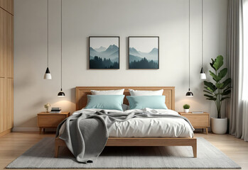 Modern minimalist bedroom interior. Cozy double bed in a bright room with stylish decor.