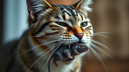 A cat is holding a mouse in its mouth