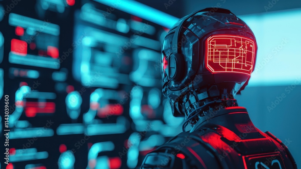 Aufkleber a futuristic robot with a glowing red head observes digital displays in a tech-driven environment, h