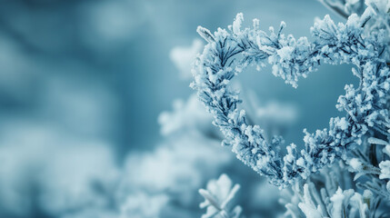 Heart shape tree branches in winter covered with snow, white blue color tones background. Beautiful loving winter nature landscape, copyspace on left. Generative AI