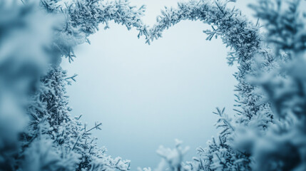 Obraz premium Heart shape tree branches in winter snow white scene landscape. Beautiful background with heart shaped tree branches. Generative AI