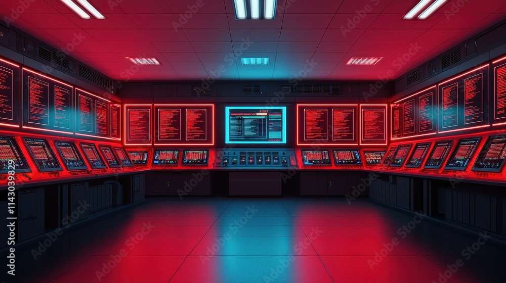 Poster a futuristic control room with glowing red and blue lights, featuring multiple screens and panels di