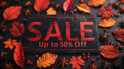 Bold black banner showcasing autumn sale with vibrant leaves and seasonal decorations