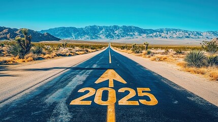 In the middle of an empty desert road, there is one arrow pointing forward with "2025" written on it in large numbers.