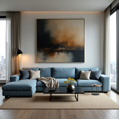 Modern Living Room Interior with City View. A comfortable blue sectional sofa is the centerpiece of this stylish living space.