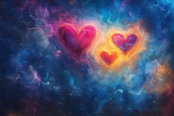 Abstract art showcasing hearts glowing within a radiant nebula.