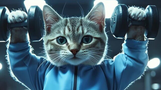 Fit cat lifting dumbbells in gym wearing blue tracksuit under bright lights, sport concept