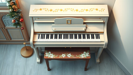 A white piano with a gold trim and a floral design on the stool