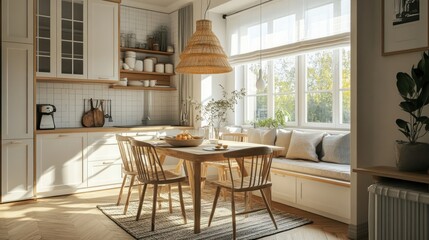 Fototapeta premium Sunlit kitchen with wooden table, chairs, and window seat.
