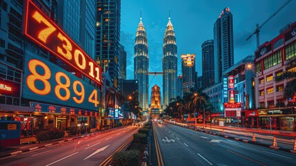 A vibrant cityscape featuring skyscrapers and a busy street illuminated at dusk.