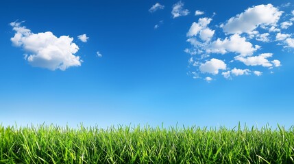 A field of green grass under a blue sky with white clouds