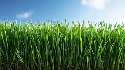 Obraz premium A field of green grass with a blue sky in the background