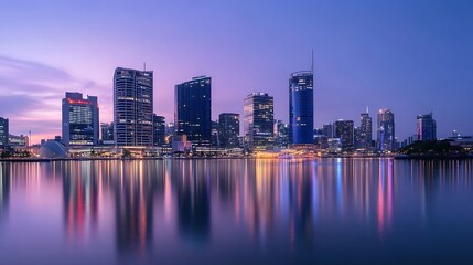 Naklejka premium City skyline reflected in calm water at twilight.