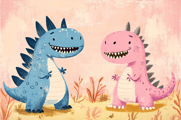 Playful illustration of a blue and pink dinosaur standing in a whimsical landscape with plants and a textured background  
