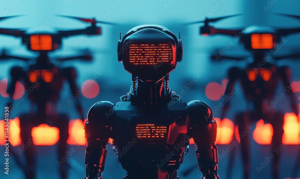 Poster a futuristic scene featuring robotic figures with glowing screens, suggesting a blend of technology 