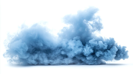 Blue smoke cloud isolated on white background. fog gas texture effect, smog steam air spray smoky vapor wave in motion after explosion, dynamic flowing powder, vapour, wallpaper.