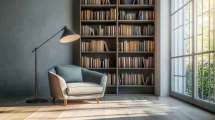 Cozy reading nook with armchair, bookshelf, and sunlight streaming through window.