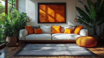 Bright bohemian living room with plants and earthy natural materials wallpaper image