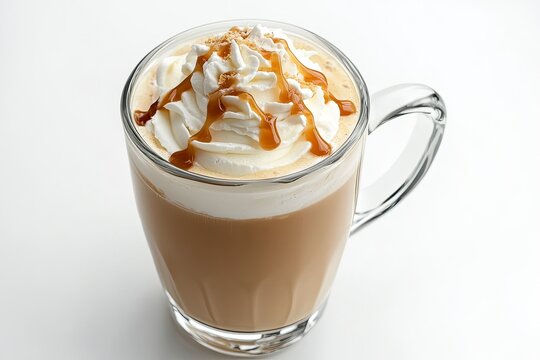 latte coffee with whipped cream with caramel in glass, glass handle, irregular caramel, top view, white background