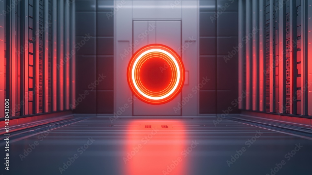 Aufkleber a futuristic corridor featuring a glowing red circular portal at its end, creating a striking visual