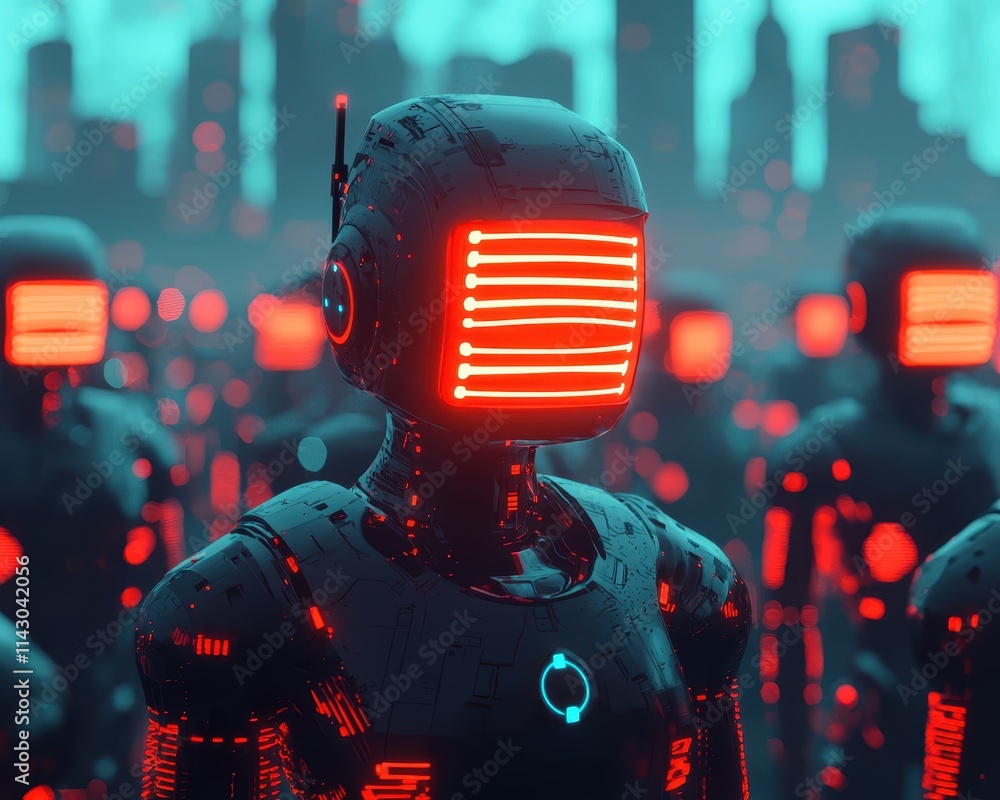 Poster futuristic robots with glowing red accents stand in a cyberpunk cityscape, creating a striking and t