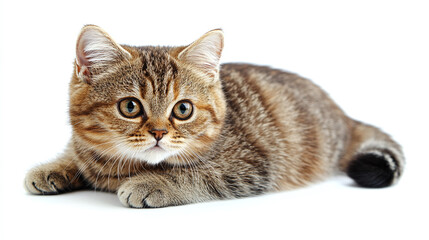 Obraz premium Brown scottish british shorthair cat breed isolated on white background. fluffy adorable cute domestic pet animal, funny beautiful tabby kitty kitten fur, furry, eye, whisker.