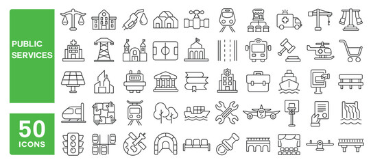 Set of 50 line icons related to public services, society, road, electricity, power, transportation, emergency, garden, housing, market, urban, Editable stroke. Vector illustration