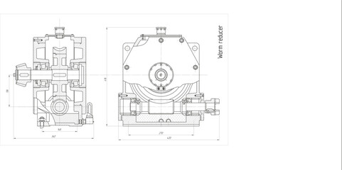 Obraz premium Assembly drawing of electrical reducer. Vector design of steel mechanical device with shaft, worm gear, electric engine, bolt connection and dimension lines. Engineering technic computer cad scheme.