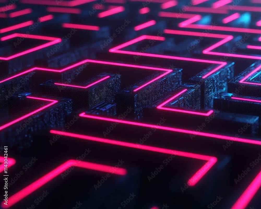 Poster a neon-lit maze with intricate patterns, showcasing a futuristic and abstract design in vibrant pink