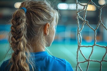 Children in blue teams practice and play football indoors, with both boys and girls participating together.
