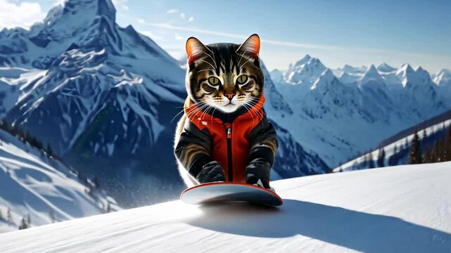 Stylish cat snowboarding down pristine alpine slope with orange jacket, winter sport adventure