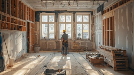 Wiring installation in a spacious room under renovation with natural light