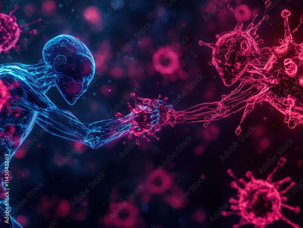 Poster a vibrant digital representation of two humanoid figures in blue and red, reaching towards each othe