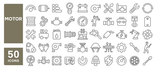 Set of 50 line icons related to motor, electric, automotive, spare, repair, machinery, turbine, gear, compressor, engine, Editable stroke. Vector illustration