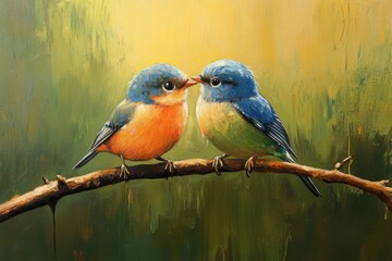 Obraz premium Birds in love sitting closely together on a tree branch during sunset.