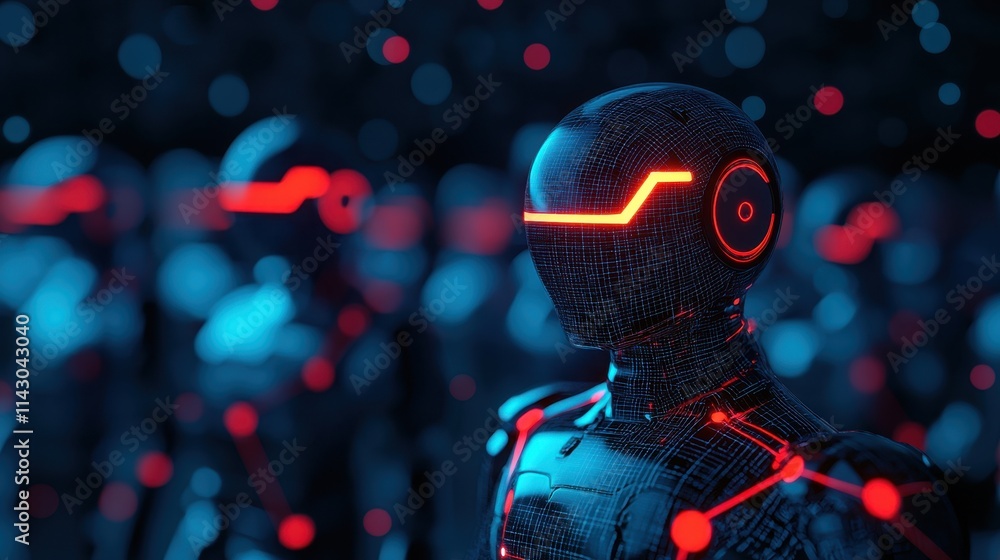 Poster a futuristic, digital humanoid robot stands out against a backdrop of glowing, interconnected nodes,