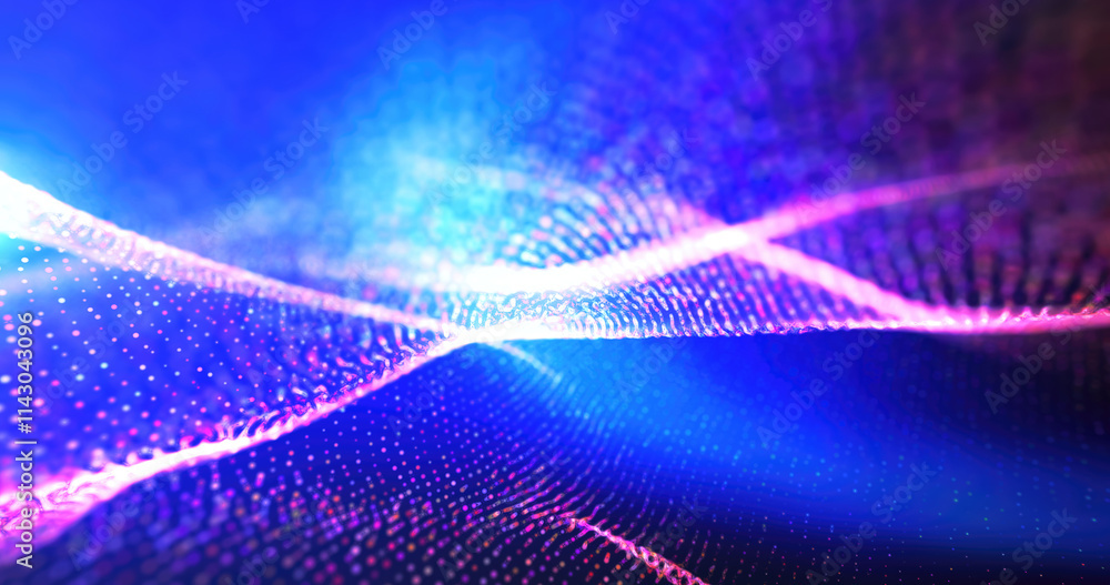 Poster abstract purple and blue digital wave pattern, creating a vivid and energetic visual with a blend of