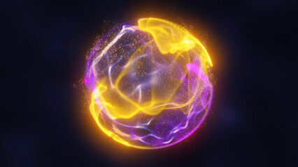 Vibrant yellow and purple energy sphere with glowing light trails and intricate patterns futuristic background